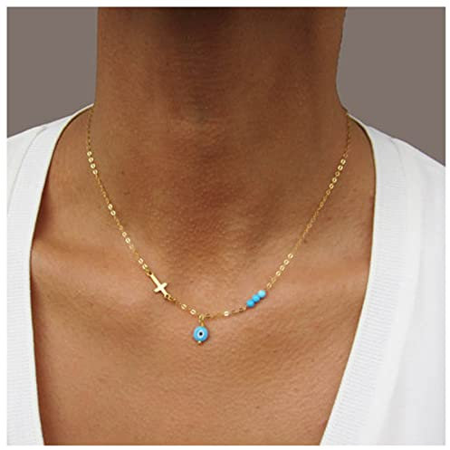 Dervivea Böhmen Türkis Chokerhalskette Evil Eye Anhänger Halskette Gold Kreuz Chokerhalskette Winzige blaue Perlenkette Kettenschmuck für Frauen und Mädchen