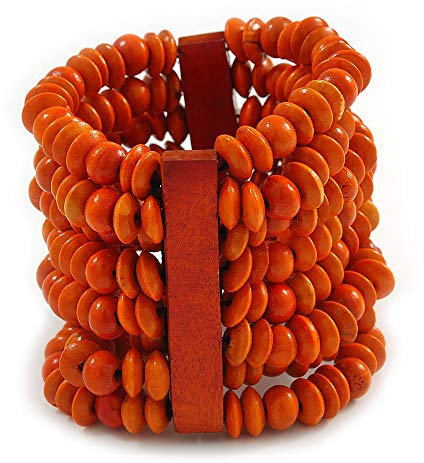 Avalaya Wide Wooden Bead Flex Bracelet In Orange - 19cm L - Adjustable