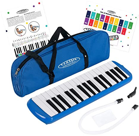 Classic Cantabile FML-32 BU Melodica - Blasharmonika mit 32 Tasten - Tonumfang: f - c³ - Booklet mit 5 Kinderliedern und bunten Aufklebern - Mit Etui, Mundstück und Anblasschlauch - Blau