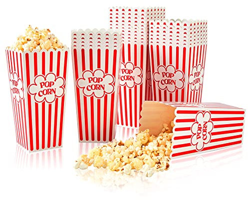 RAYMEA Popcorn Containers Disposable 46 Oz Red & White Striped Retro Style Reusable Popcorn Boxes for Movie Night (12 Pack)