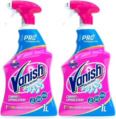 Vanish Professional Oxi Action Carpet & Upholstery Stain Remover Spray, 1L (Pack of 2), Removes Stains, Pet Mess, Works in 30 Seconds, Removes Strong Odours, Suitable for Homes with Pets, Bleach Free
