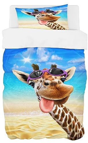 Zomer Bettwäsche 135 x 200 cm Lustig Giraffe & Strand Motiv Bettbezug Set 2teilig Weich Mikrofaser Bettwäsche Deckenbezug - 1 Flauschige Bettbezug und 1 Kissenbezug 80x80cm