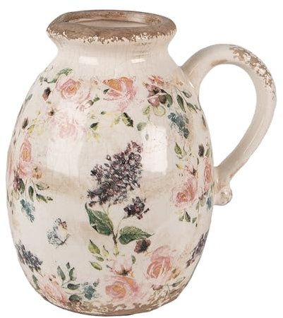 Clayre & Eef Dekorative Kanne 17x13x18 cm Beige Rosa Keramik Blumen Krug