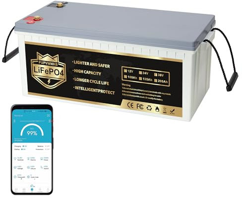 PUPVWMHB 12V 200Ah LiFePO4 Autobatterie mit Bluetooth, 2560Wh Deep Cycle Lithium Batterie,Eingebauter 200A BMS, 8000+ Zyklen, Ideal für Wohnmobil, Solar Trailer, Boot und Camping