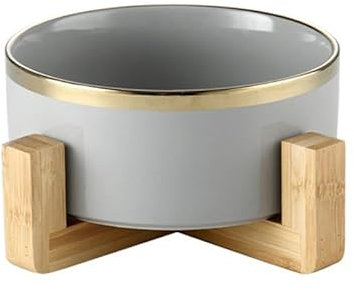 Ceramic Raised Pet Bowl with Gold Accents Wooden Stand Raised Dish Pet Feeding Ceramic Bowl Quality Durable Easy Feed Set Cat Dog Kitten Puppy Green (Grey)