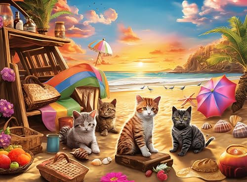 Extra Large 100 Piece Jigsaw Puzzles for Adults - Large Piece Puzzles for Children and Elderly - XL Piece Puzzle - Cats Seaside Sunset