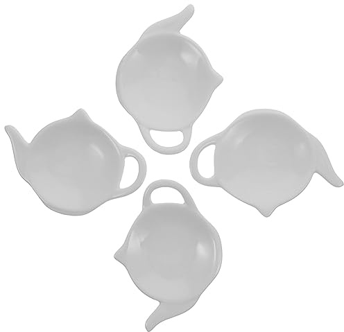 Porte-Sachet de Thé Décoratif en Céramique 4 Pièces Forme Théière Blanche | Assiette à Sachets de Thé, Usage la Cuisine et Bureau, Facile à Nettoyer, Résiste à Chaleur