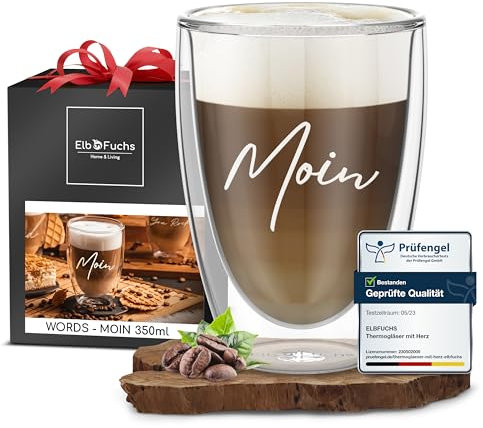 ElbFuchs® Doppelwandiges Latte Macchiato Glas | MOIN |1x 350ml [PERFEKTE GESCHENKIDEE] Ideal als maritimer Thermobecher für Cappuccino | Kaffegläser | Teegläser