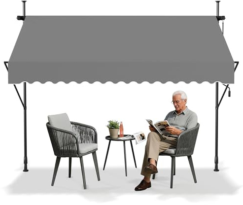 YRHome Klemmmarkise Markise Balkon mit Handkurbel 200cm breit- Balkonmarkise ohne Bohren Höhenverstellbar, Sonnenschutz, wasserdicht Hellgrau 200cm