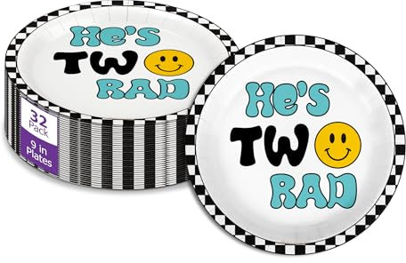 Two Rad Smiley Face Second Birthday - 32 Piece Disposable Party Supplies - Decorations for 2nd Birthday Round Party Plates - Large 9 Paper Plates In Bulk