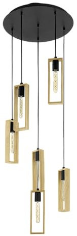 EGLO Pendellampe Littleton, 6 flammige Vintage Pendelleuchte im Industrial Design, Retro Hängelampe aus Stahl und Holz, Farbe Schwarz, braun, Fassung E27, FSC zertifiziert