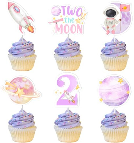 Jollyboom Two The Moon Geburtstagsdekorationen Cupcake Topper, Weltraum 2. Geburtstag Party Dekoration Cupcake Topper Rosa Planet Rakete für Mädchen Galaxy Sonnensystem Geburtstagsfeier