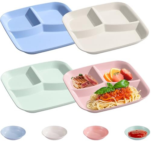 Getyjoe Lot de 4 Assiettes Divisées, Assiette Compartiment Adulte Enfant, Réutilisables Regime Portion +4pcs Bols à Sauce pour Les Adultes et Les Enfants Passe au Micro-Ondes et au Lave-Vaisselle