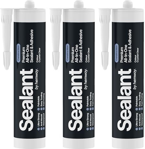 Crystal Clear Construction Sealant & Adhesive All-In-One Hybrid Polymer | Superior to Silicone Sealant | Waterproof, Odourless, Anti-Mould, Paintable | Kitchen Bathroom Outdoor - 300 ml 3 Pack