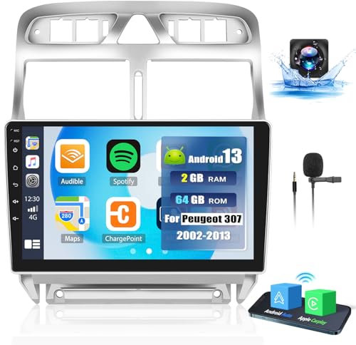 OiLiehu 2G+64G Android 13 Radio de Coche 2din Carplay Android Auto para Peugeot 307/307 CC/307 SW 2002-2013 Radio de Coche con Pantalla 9 Pulgadas con Mirror Link/EQ/Bluetooth/FM RDS/WiFi/GPS/Cámara