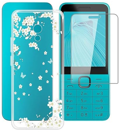 HGJTFANY Hülle mit Gehärtetem Glasfolie für Nokia 235 4G 2024 (2.8), Transparente Stoßfest Handyhülle, Dünne Kratzfest Weiche TPU Case Tasche für Nokia 235 4G 2024 - Weiße Blume