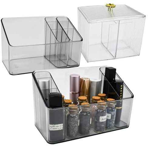 HEKOBAG Lot de 3 Boite Rangement Maquillage 2 Styles Organisateur Maquillage Transparent avec 7 Compartiments Rangement Pinceaux Maquillage Stockage de Cosmétiques pour Salle de Bains, Chambre, Bureau