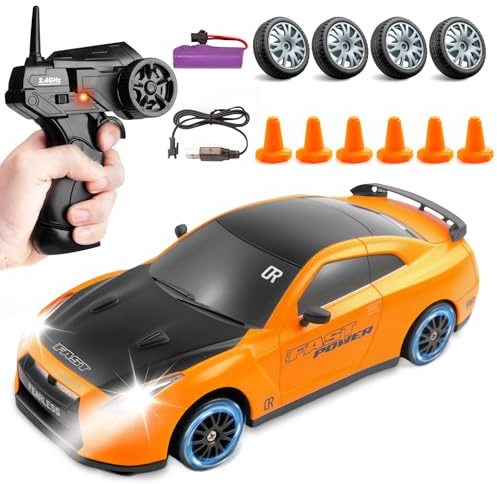 Afenau RC Drift Car, 1:24 Ferngesteuertes Auto Erwachsene mit Beleuchtung, 30km/h, 2,4 GHz, 4WD Rennauto Ferngesteuert, Drift Auto Ferngesteuert für Kinder und Erwachsene ab 6 Jahren (Gelb)