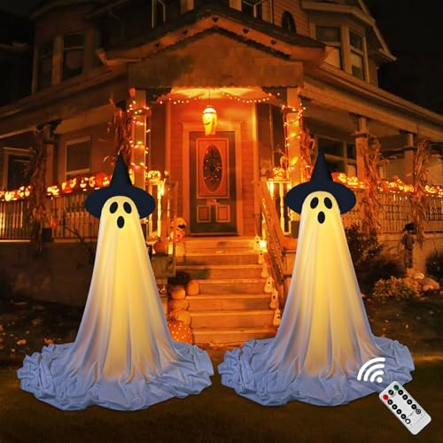 Deko Halloween Geist mit LED Lichterkette, 210 cm, stehender Geist mit Timer, Fernbedienung, Leuchtgeister mit Hexenhut für Halloween, Deko außen, für