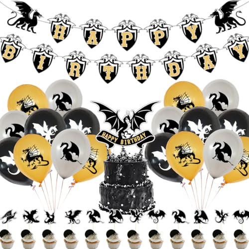 Drachen Geburtstag Deko,Doyomtoy 32 Stück Dragon Luftballon Tortendeko Happy Birthday Banner Drachen Geburtstag für Kindergeburtstag Party Deko Baby Shower