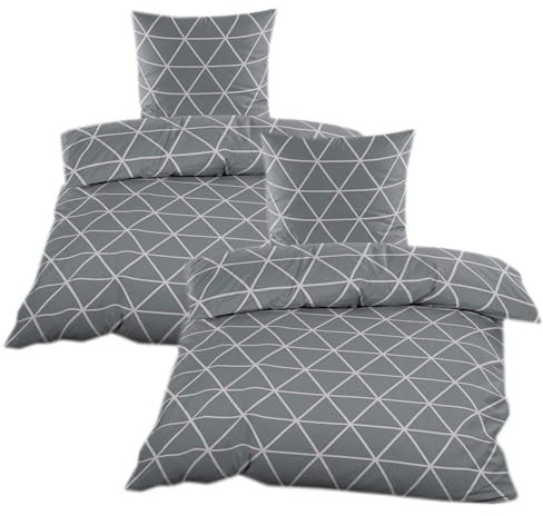 Casa Colori Biber Bettwäsche 135x200 cm | 4tlg. | Winter Garnitur | Baumwollmischung | mit Reißverschluss | Anthrazit Grau Dreiecke