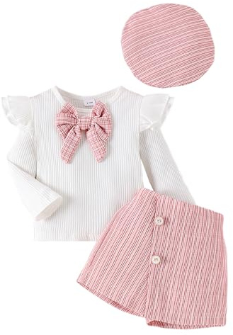 LUVCES Abbigliamento Bambina Vestiti Set Manica Lunga Volant Top con Papillon in Maglia+ Elegante Minigonne +Berretto 3 Pezzi Autunno Gonna Vestiti Outfit