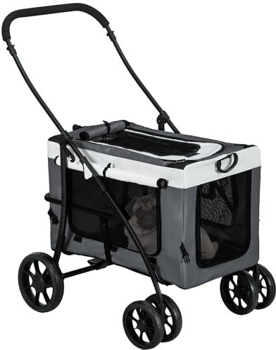 PawHut Poussette pliable animaux chien chat 2 en 1, nacelle amovible bandoulières 4 roues avec frein tissu 600D Oxford 81 x 58 x 97,5 cm gris