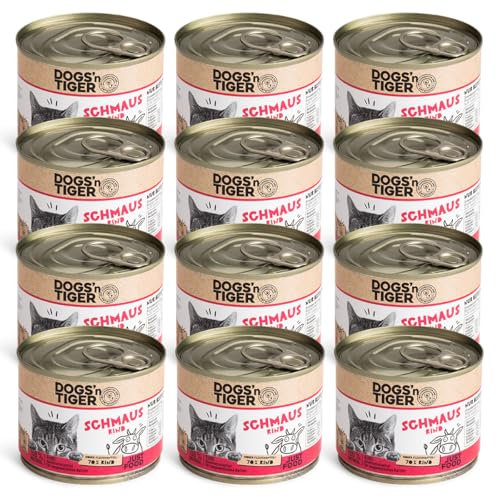 Dogs’n Tiger Adult Premium Nassfutter für Katzen, Schmaus, Katzen Nassfutter, tiergerechte Rezeptur mit 70% Fleischanteil an Rind – ohne Zucker, Getreide & künstliche Aromen, 12x 200g
