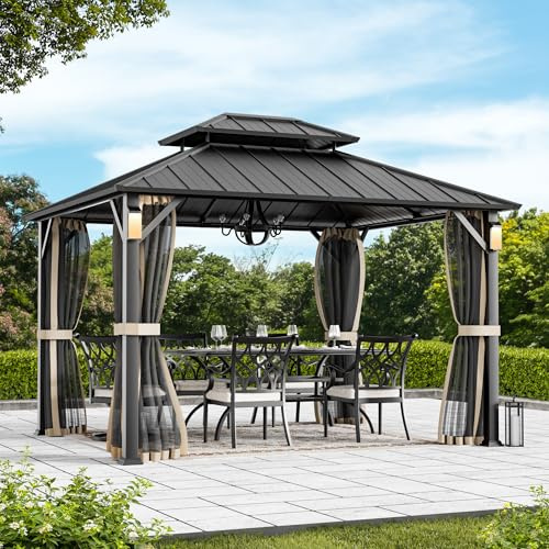 Modern Shade 3 x 3,6m Horizon Hardtop-Pavillon mit 4 LED-Leuchten, Fester Gartenpavillon mit Doppeldach aus verzinktem Stahl, Grillpavillon mit Deko-Haken, Moskitonetzen, schwarz
