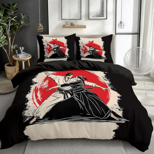 Schwarz Bettwäsche 135 x 200 cm für Kinder, Jungen Teenager Bettbezug-Set für Einzelbett, Judo Kampfkunst im Japanischen Stil Bedruckte Bettbezüge mit Reißverschluss und Kissenbezug