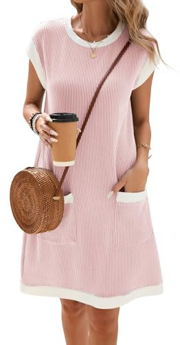 Famulily 2025 Summer Dresses for Women UK Casual Crewneck Cap Sleeve T-Shirt Dress Ladies Ribbed Beach Sundress Pink M