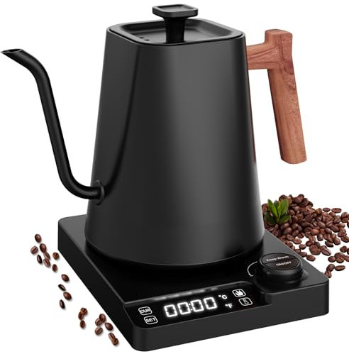 Vmotal Edelstahl Wasserkocher, Schwanenhals Wasserkocher, 24-Stunden-Wärmefunktion, 1200W Elektrischer Teekessel mit Temperaturanzeige,1L Kaffeekessel