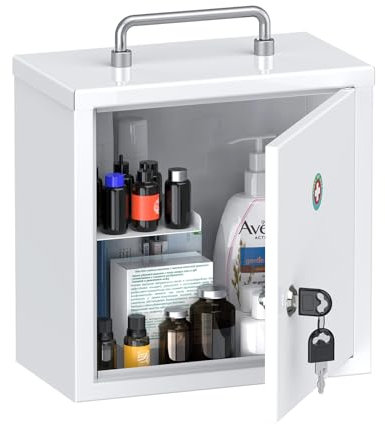 Uniclife Armoire à Pharmacie Murale verrouillable avec Serrure à clé et poignée, Organisateur médical sécurisé en Acier léger, boîte de Rangement métallique, Blanc