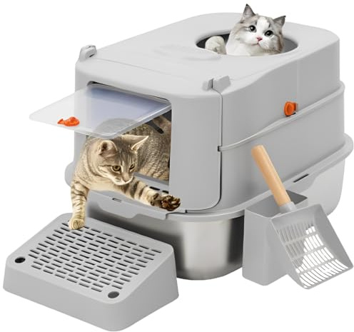 Cat Litter Tray Stainless Steel with Lid,Anti Leakage,Odor Control,Anti Splash Pedal,Enclosed Large Top Entry Cat Litter Box with High Sides and Scoop,Kitten Litter Pan Easy to Clean,Detachable,Grey