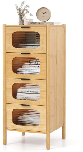 GIANTEX Kommode Bambus mit 4 Schubladen, Sideboard mit Glastüren, Freistehende Schubladenkommode Schubladenschrank, Aufbewahrungsschrank im Mid-Century-Stil, Nachttisch Beistellschrank 40x40x97 cm