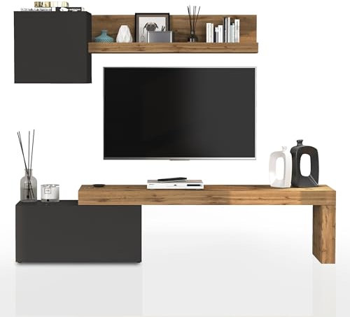 WHOUS Parete Attrezzata CHRONOS per Soggiorno, Mobile Tv Regolabile, Cubo con 1 Anta e Mensola per Salotto in Legno, 180/260x40 cm, Antracite Opaco e Rovere