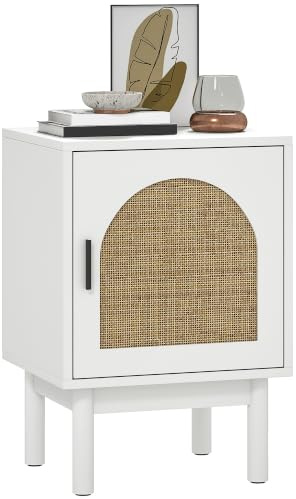 HOMCOM Rattan Bedside Table Adjustable Shelf, Solid Wood Legs, White | Boho Bedside Cabinet, Side Table, for Living Room, Bedroom