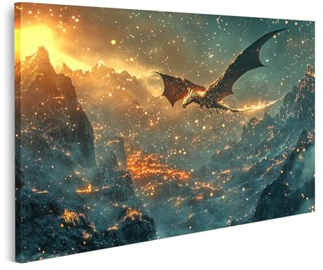 islandburner Bild auf Leinwand Drache Fliegt Durch Feurige Berge Und Funkenhimmel Bilder Wandbilder Poster