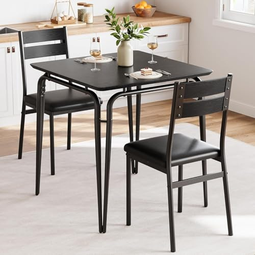 Garvee Mesa de Comedor de 3 Piezas,Mesa Cocina con 2 Sillas Acolchadas,Estructura de Metal y Madera,para Cocina,Salón y Comedor,Estilo Retro(Negro)