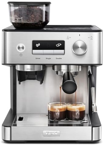 Gevi Espressomaschine 20 Bar mit integriertem Kegelmahlwerk und Milchschaumdüse, kompakte Kaffeemaschine für Hausgebrauch mit abnehmbarem Wassertank, für Cappuccino, Latte, Espresso und Americano