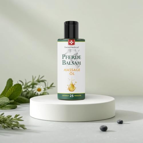 SwissMedicus Pferdebalsam Massagöl – Kräuteröl mit 25 Kräutern & Vitamin E – Mandel-, Sonnenblumen- & Kastanienöl – Entspannend für Muskeln & Gelenke, 200 ml