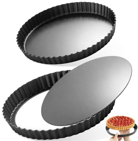 2Pcs Teglia Crostata Fondo Removibile, Stampo Crostata Morbida Ondulato Tonda Acciaio Carbonio 22cm & 28cm, Teglie Tortiera Torta Bordo Scanalato Antiaderente Cassaforte Amovibile per Torte Frutta