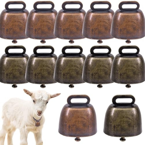 12 Stück Vintage Kuhglocken aus Metall, Mini Tierglocken für Rinder, Pferde, Schafe - Lauter Klang, Rostfrei, 2 Farben (Rotbronze & Grünbronze)