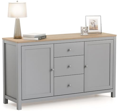 CHRISTOW Sideboard Storage Cabinet with Oak-Effect Top, 3 Drawers & 2 Cupboards with Adjustable Shelves, Living & Dining Room Furniture, Sturdy MDF, Matte Painted Grey Finish, H79 x W137 x D40cm