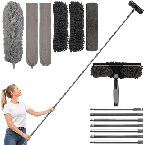 marysgift 2,9 M Teleskop Fensterwischer Abzieher Set, Staubwedel Teleskop,2 in 1 Teleskopstange Fensterreinigung für Bad, Fenster, Glas, Spiegel, Auto,Staubwedel Lang Ausziehbar für hohe Decken (Grau)