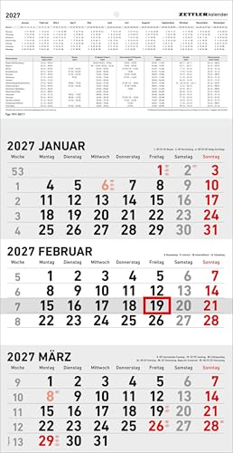 3-Monatskalender klein 2027: Wandkalender 24x34 cm mit 3 Monaten pro Blatt, Datumschieber, Wochenzählung, Feiertagen & Ferien ideal für Büro & Homeoffice