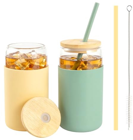 evergoods 2-Set Reusable Can-Shaped Glass Cups with Bamboo Lids & Glass Tea | Straws, Beige & Pink Borosilicate Tumblers for Smoothies, Juice, Beer, Soda (Beige + Green)