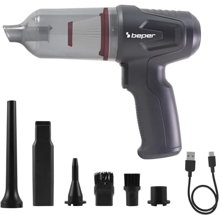 BEPER P202ASP410 Mini Aspiratore e Soffiatore Brushless 2 in 1, 80W, 11000 PA, Ricaricabile USB-C, Filtro HEPA Lavabile, 6 Accessori, per Auto