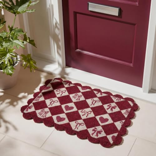 OHS Front Door Mat Outside Scallop Harlequin Coir Doormat, Burgundy 40x60cm | Welcome Mat Non-Slippery Heavy Duty Washable Door Mat Entrance Entryway Dirt Trapping Rug Outdoor & Indoor Floor Mats