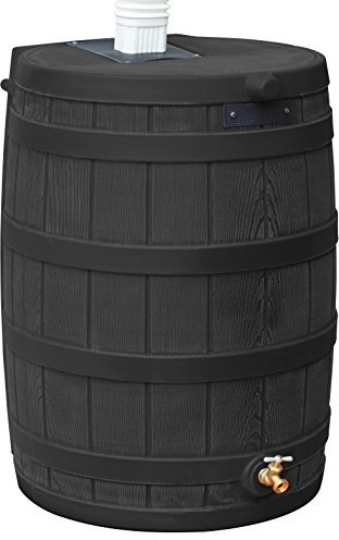 Good Ideas Rain Wizard Water Collection Barrel, 50 Gallon, Black | Faux Wood Design - Plastic Outdoor Home Rain Barrel, Rainwater Storage Collector with Metal Spigot and Flat Back